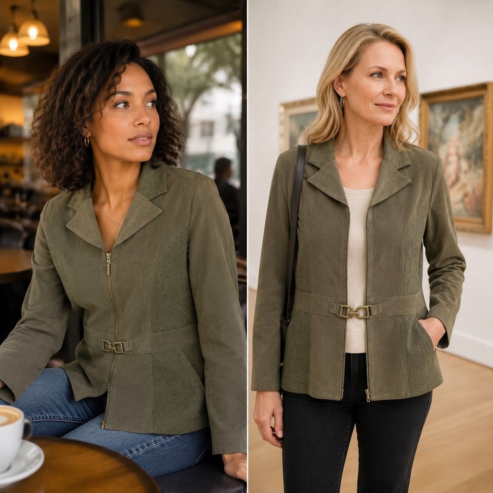 Fashion Bug Jacket Women's 12 Olive Herringbone Zip Waist Clasp Peplum Vintage